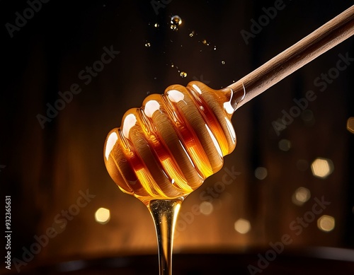 A swirl of honey cascading from a dipper, captured in mid-motion, with each droplet catching