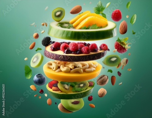 A spiral of vibrant smoothie ingredients floating in mid-air before blending, with layers