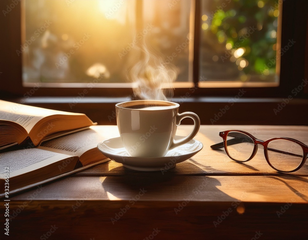 A steaming cup of coffee on a rustic wooden table, next to an open book and a pair of readin A steaming cup of coffee on a rustic wooden table, next to an open book and a pair of readin