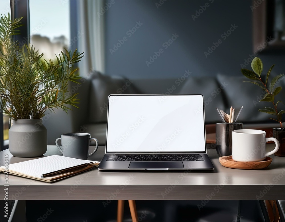 Obraz premium A stylish home office setup with a laptop, notebook, and coffee mug on a sleek desk, emphas