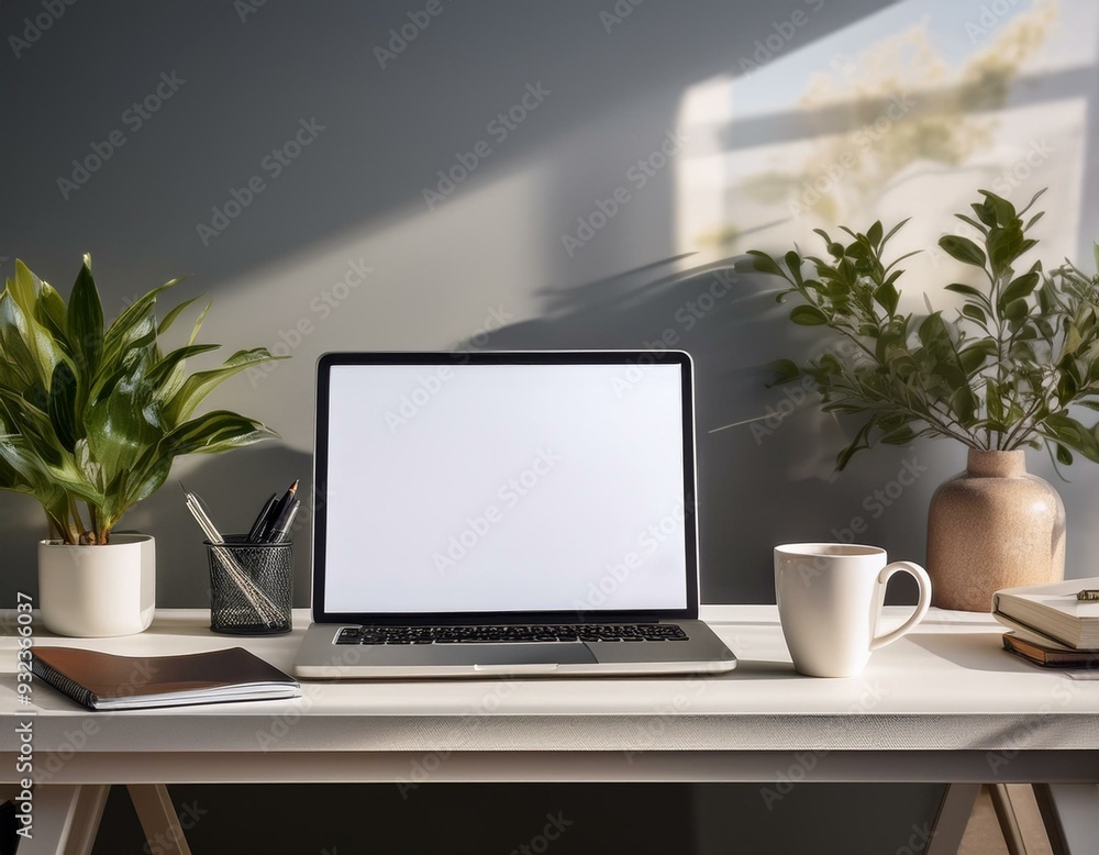 A stylish home office setup with a laptop, notebook, and coffee mug on a sleek desk, emphas A stylish home office setup with a laptop, notebook, and coffee mug on a sleek desk, emphas