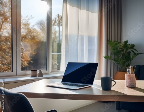 A stylish home office setup with a laptop, notebook, and coffee mug on a sleek desk, emphas photo