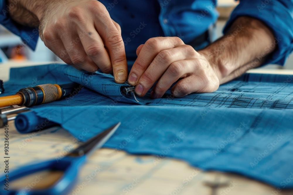 Obraz premium A person sitting at a table with a piece of blue fabric and sewing