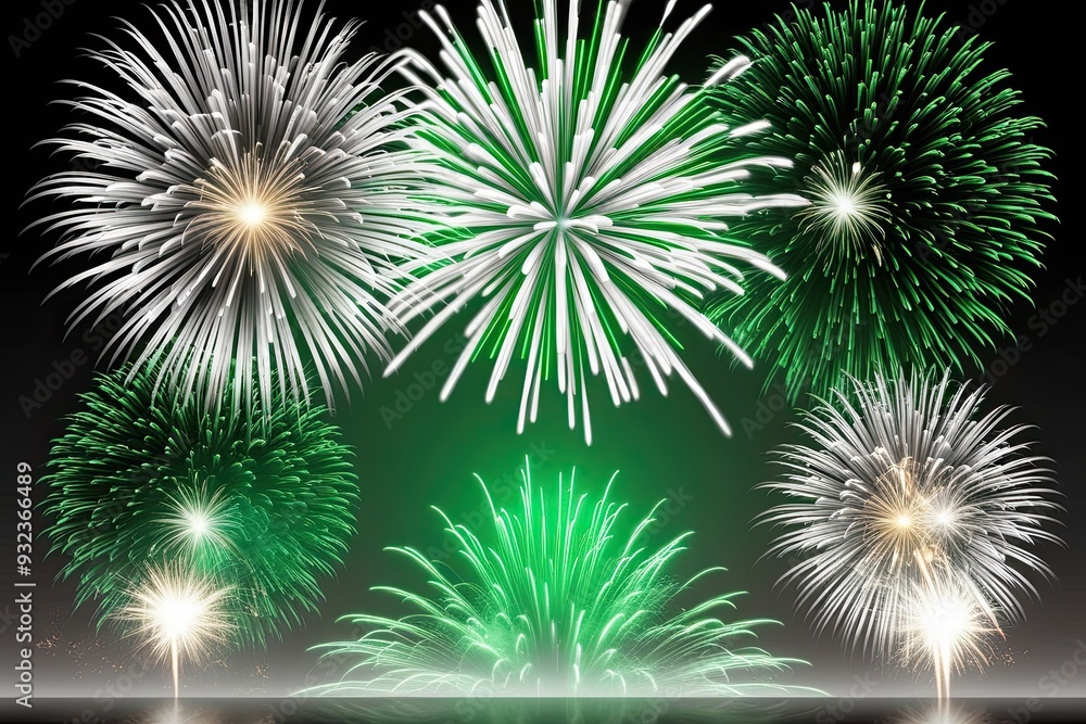 Fototapeta premium Dazzling Silver and Green Fireworks Celebration for New Year's Eve with Ample Copy Space