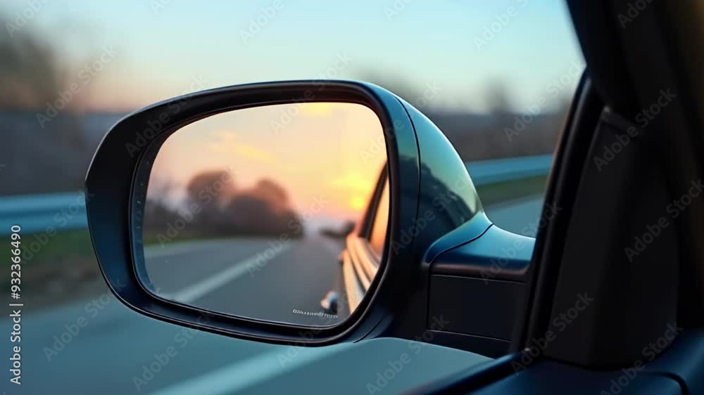Sunset reflection in car side mirror while driving on an empty road Sunset reflection in car side mirror while driving on an empty road