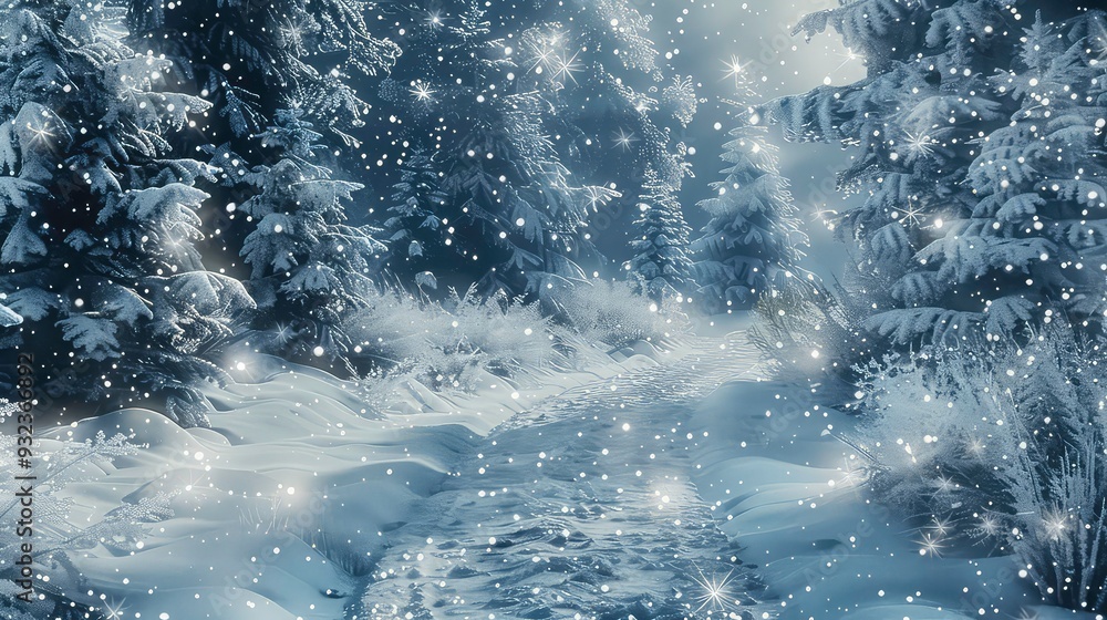 A snowy forest path winds through a dense grove of pine trees, illuminated by a soft light. The falling snow creates a magical atmosphere. A snowy forest path winds through a dense grove of pine trees, illuminated by a soft light. The falling snow creates a magical atmosphere.