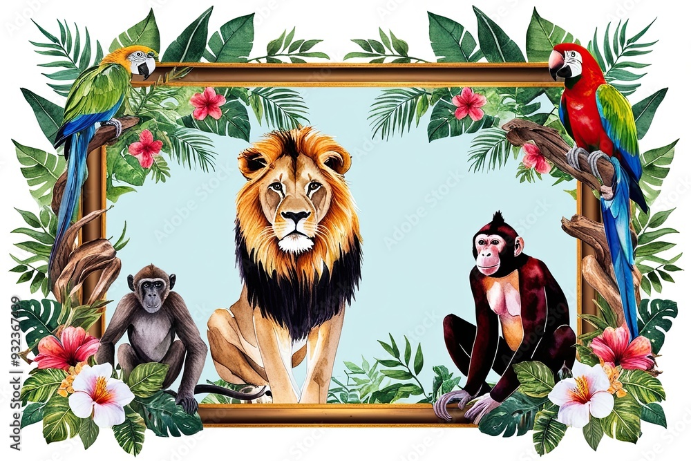 Fototapeta premium Captivating Watercolor Frame Design of African Scenery Featuring Lion, Monkey, and Parrot with Lush Foliage and Vibrant Flowers