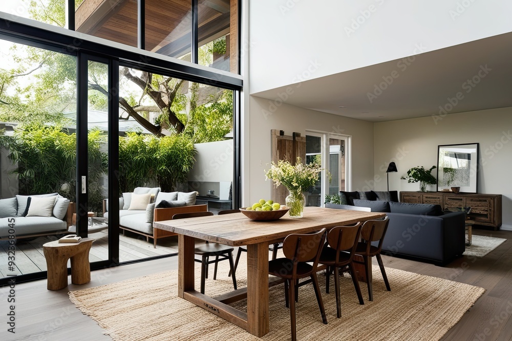 Fototapeta premium Cozy Contemporary Living Room Interior with Rustic Dining Table and Ample Natural Light