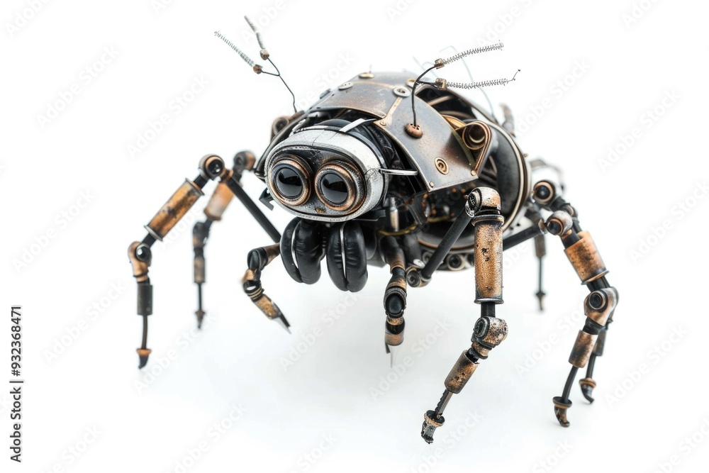 Fototapeta premium A mechanical spider constructed from metallic components sits on a clean white background