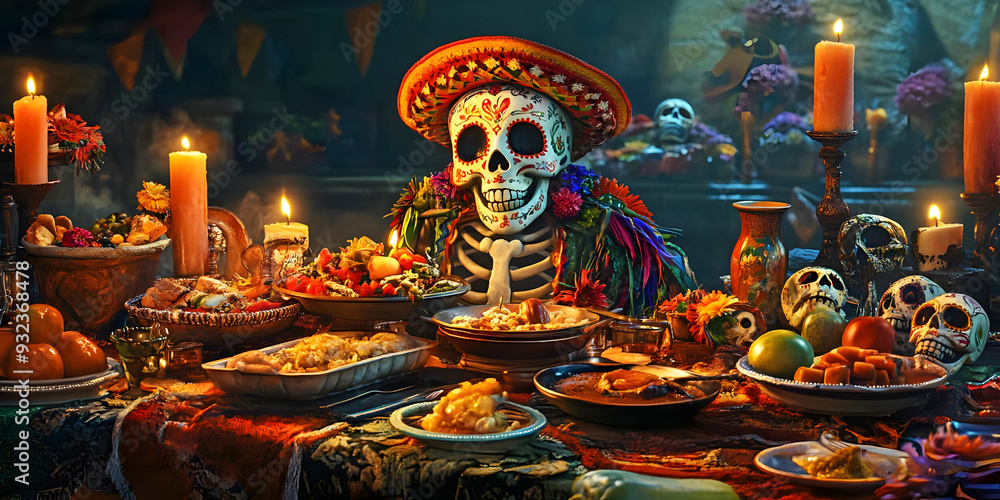 Fototapeta premium sugar skull day of the dead on a dark background, ai generated. 