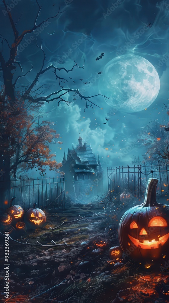 Zombies roam near glowing, flaming pumpkins in a haunting Halloween setting with a full moon and an old house in the background Zombies roam near glowing, flaming pumpkins in a haunting Halloween setting with a full moon and an old house in the background