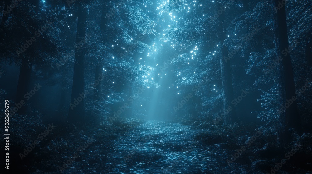 Enchanted Forest Path with Glowing Lights at Night Enchanted Forest Path with Glowing Lights at Night
