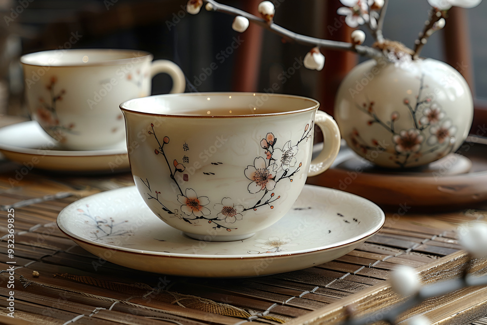 Fototapeta premium teacups and saucer with a flower design on it