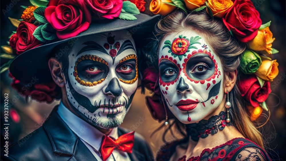 Couple dressed in Day of the Dead costumes with colorful floral headpieces, festive celebration Couple dressed in Day of the Dead costumes with colorful floral headpieces, festive celebration