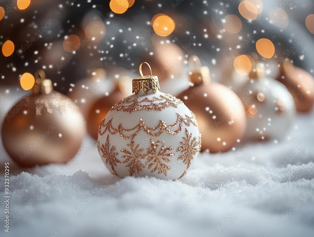 elegant white and gold christmas ornaments arranged on snowy surface soft focus creates dreamy atmosphere delicate snowflakes fall gently minimalist holiday composition with luxurious touch elegant white and gold christmas ornaments arranged on snowy surface soft focus creates dreamy atmosphere delicate snowflakes fall gently minimalist holiday composition with luxurious touch