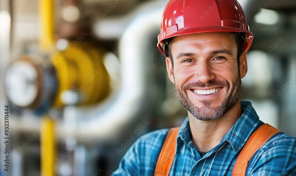 Smiling Plumber in Professional Work Setting Smiling Plumber in Professional Work Setting