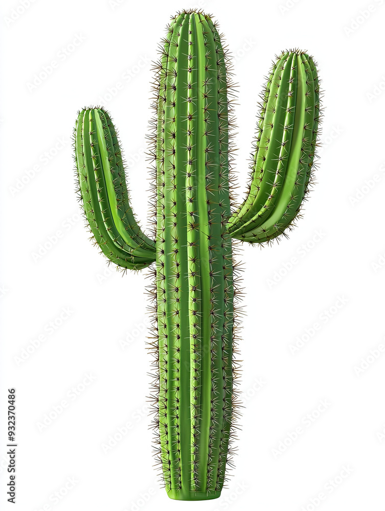 Naklejka premium Single Cactus Isolated on a White Background – Detailed and Vibrant Green Cactus Plant with Spines, Perfect for Botanical and Home Décor Photography