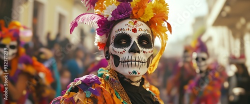 Person wearing traditional Day of the Dead makeup and costume looks at camera while walking in a crowd during a festival.