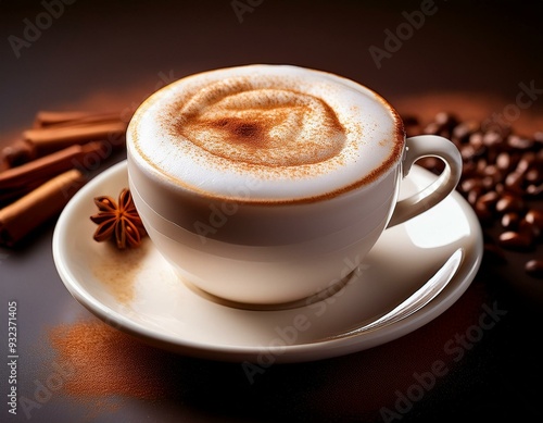 The frothy, bubbly top of a freshly poured cappuccino, with a touch of cinnamon. 