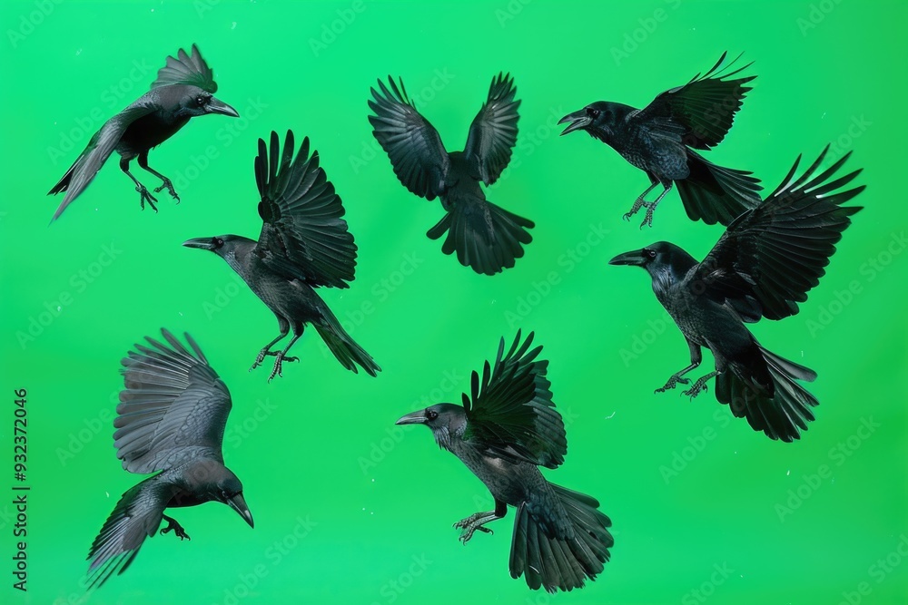 A group of black birds soar through the sky, their wings beating rapidly as they fly together A group of black birds soar through the sky, their wings beating rapidly as they fly together