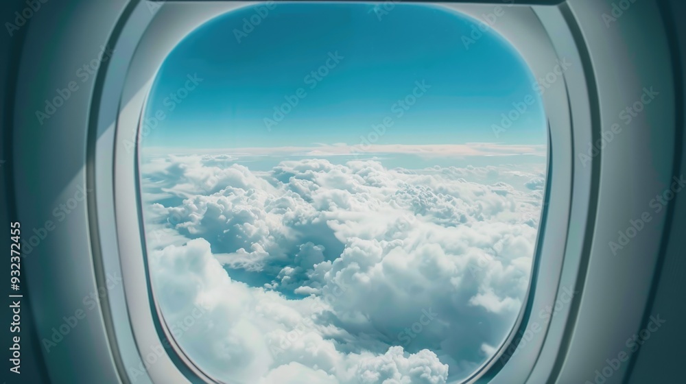 A view of fluffy white clouds passing by outside an airplane window A view of fluffy white clouds passing by outside an airplane window