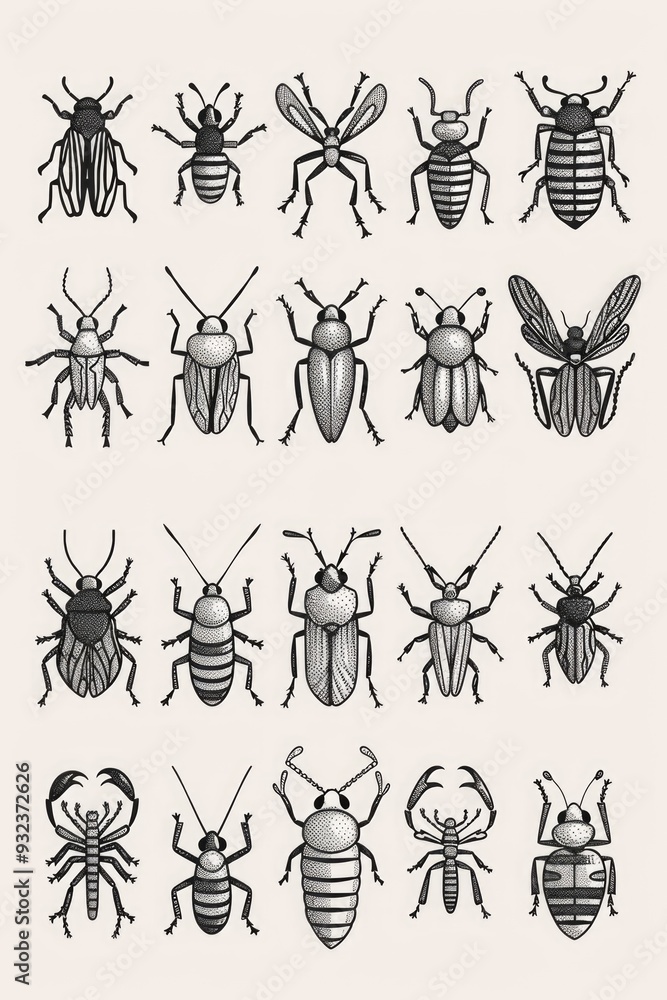 Fototapeta premium A collection of different bug species on a clean white surface, ideal for entomology or science illustrations