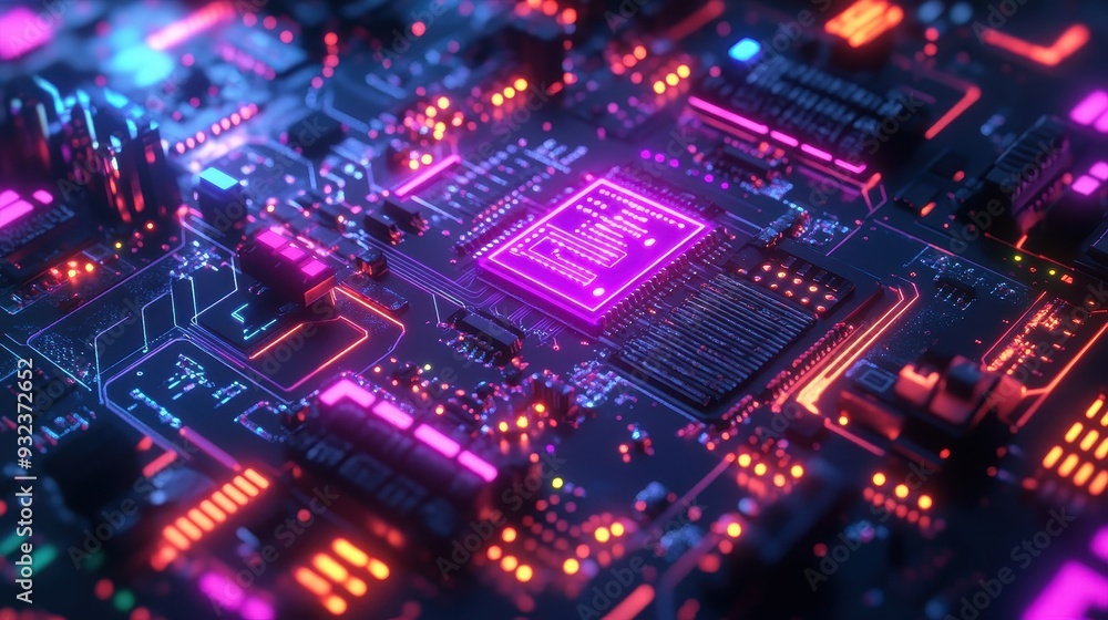 Futuristic Motherboard with Neon Lights Cyberpunk Circuit Board D Render Futuristic Motherboard with Neon Lights Cyberpunk Circuit Board D Render