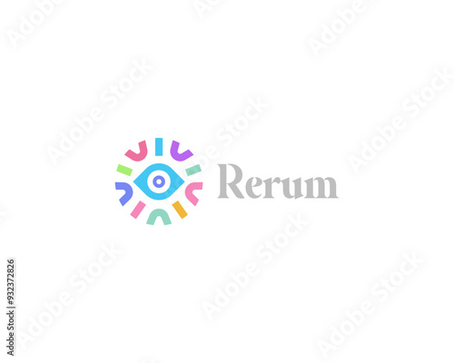 Abstract eye vector logo. Creative vision camera search vector sign. Optics logotype in a frame from colored shapes.