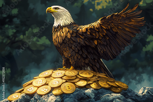 An eagle perched on a large pile of Bitcoins, representing power, wealth, and dominance in the world of cryptocurrency and finance.
 photo