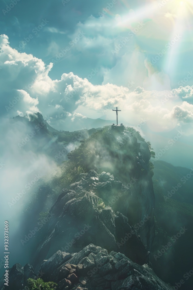 Fototapeta premium A cross sits atop a misty mountain, surrounded by clouds