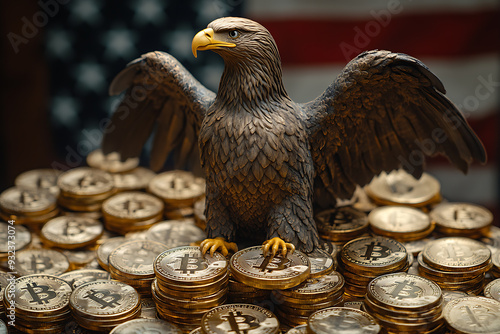 An eagle with wings spread wide sits atop a mountain of Bitcoin coins, with the American flag in the background, symbolizing power, cryptocurrency, and patriotism.
 photo