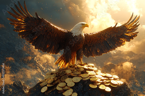 An eagle with wings spread wide sits atop a mountain of Bitcoin coins, with the American flag in the background, symbolizing power, cryptocurrency, and patriotism.
 photo