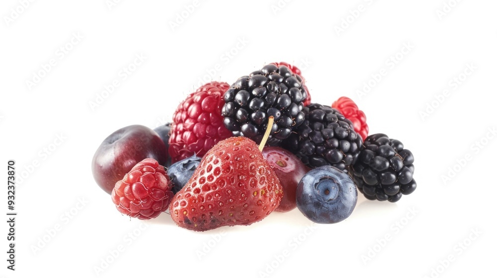 A collection of fresh blueberries and other berries arranged on a clean white surface A collection of fresh blueberries and other berries arranged on a clean white surface