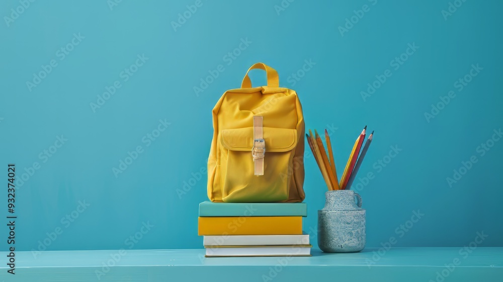 Back to school. Yellow backpack with books and school stuff on blue background Back to school. Yellow backpack with books and school stuff on blue background