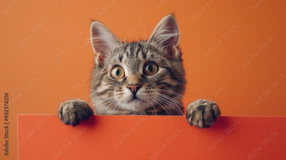 A curious cat examines a bright red warning sign A curious cat examines a bright red warning sign