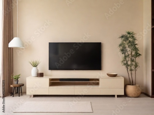 Cabinet for TV on the cream color wall in living room,minimal design