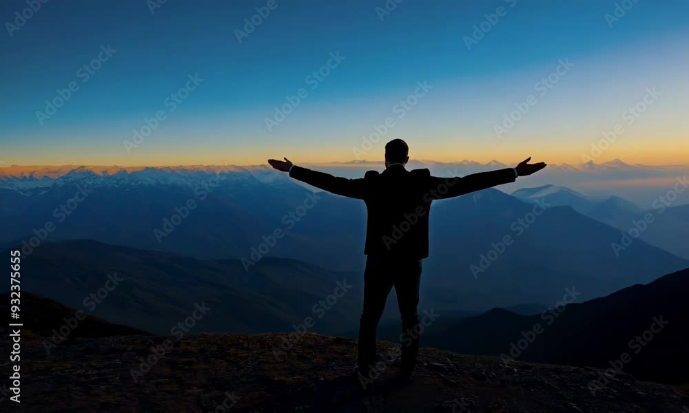 A man stands triumphantly on a mountain summit, arms outstretched in a gesture of victory and accomplishment, visual representation of the success and fulfillment achieved in your career A man stands triumphantly on a mountain summit, arms outstretched in a gesture of victory and accomplishment, visual representation of the success and fulfillment achieved in your career