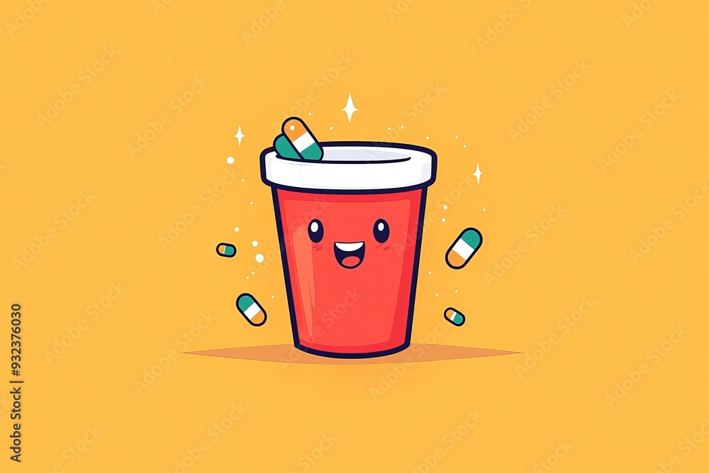 Cute red pill character with a smiling face and tiny arms holding a drink representing health happiness and refreshment in a cheerful and minimalist design Cute red pill character with a smiling face and tiny arms holding a drink representing health happiness and refreshment in a cheerful and minimalist design