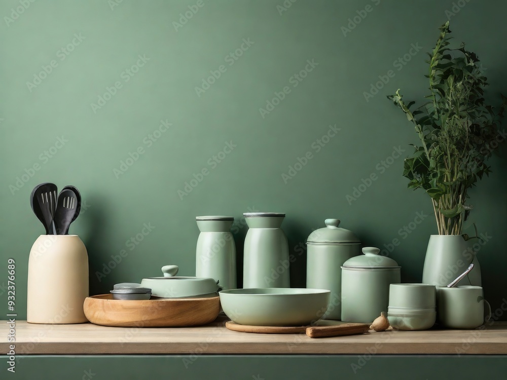 kitchen counter and accessories decor in kitchen room interior on empty green wall background kitchen counter and accessories decor in kitchen room interior on empty green wall background