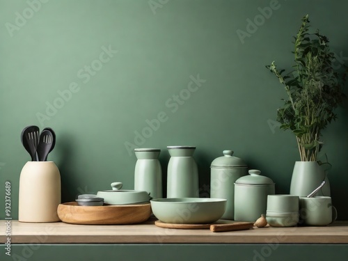 Wallpaper Mural kitchen counter and accessories decor in kitchen room interior on empty green wall background Torontodigital.ca