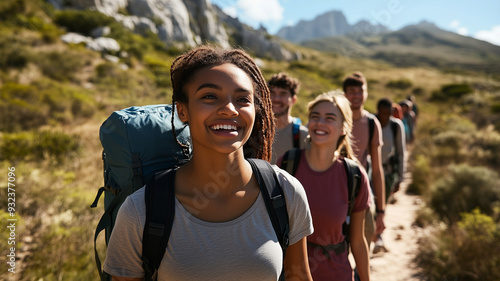 A group of people are hiking in the mountains, with one woman smiling