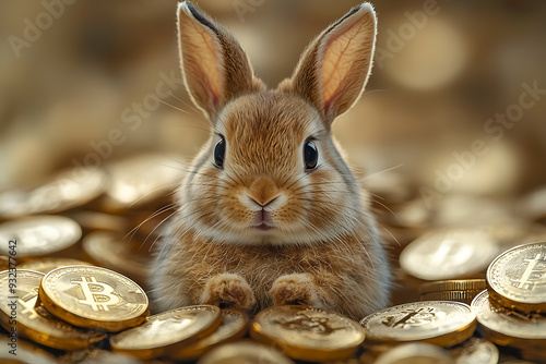 A rabbit comfortable seats in a large pile of Bitcoins, symbolizing wealth, cryptocurrency, and financial abundance in the digital world.