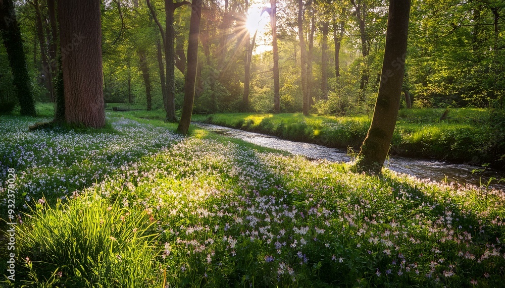Sun-dappled forest glade with wildflowers carpeting the ground Sun-dappled forest glade with wildflowers carpeting the ground