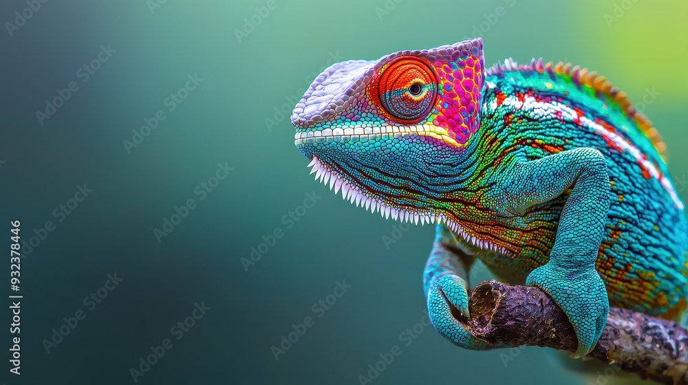 Fototapeta premium Colorful Chameleon on Branch with Green Background