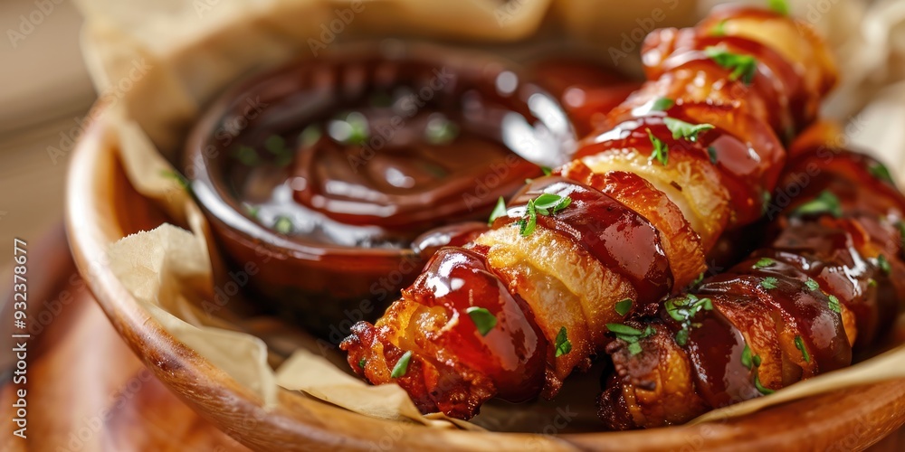 Bacon wrapped onion rings with sauce in close up view Shallow depth of field Bacon wrapped onion rings with sauce in close up view Shallow depth of field