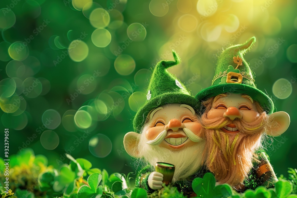 Two cheerful gnomes with green hats enjoying a festive atmosphere among clovers. Two cheerful gnomes with green hats enjoying a festive atmosphere among clovers.