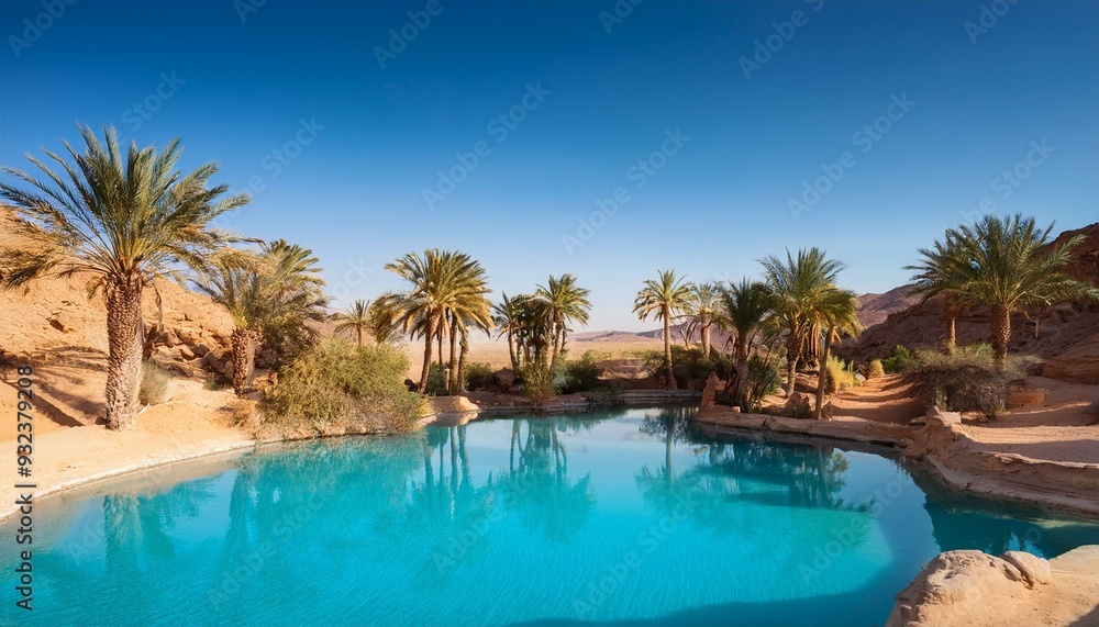 Desert oasis with palm trees a clear blue pool Desert oasis with palm trees a clear blue pool