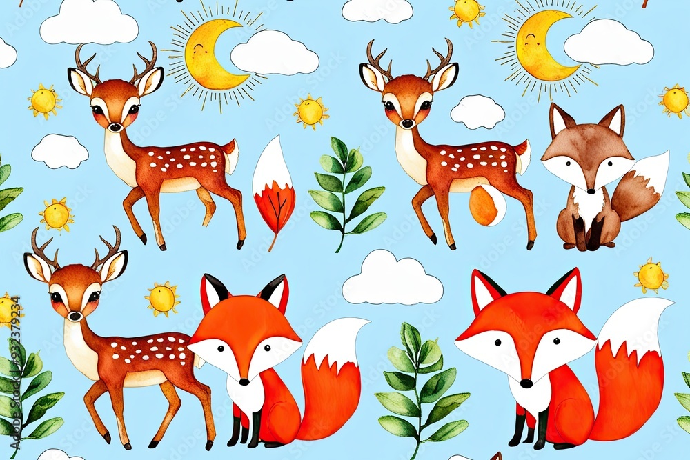 Fototapeta premium Watercolor Pattern Featuring Cute Baby Deer and Fox in a Nursery Design with Clouds, Moon, and Sun