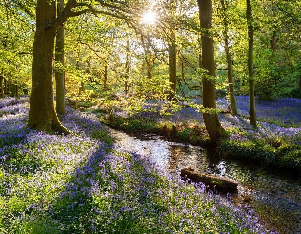 A tranquil woodland glen with a carpet of bluebells A tranquil woodland glen with a carpet of bluebells
