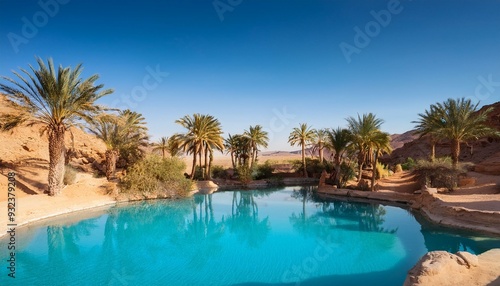 Desert oasis with palm trees a clear blue pool